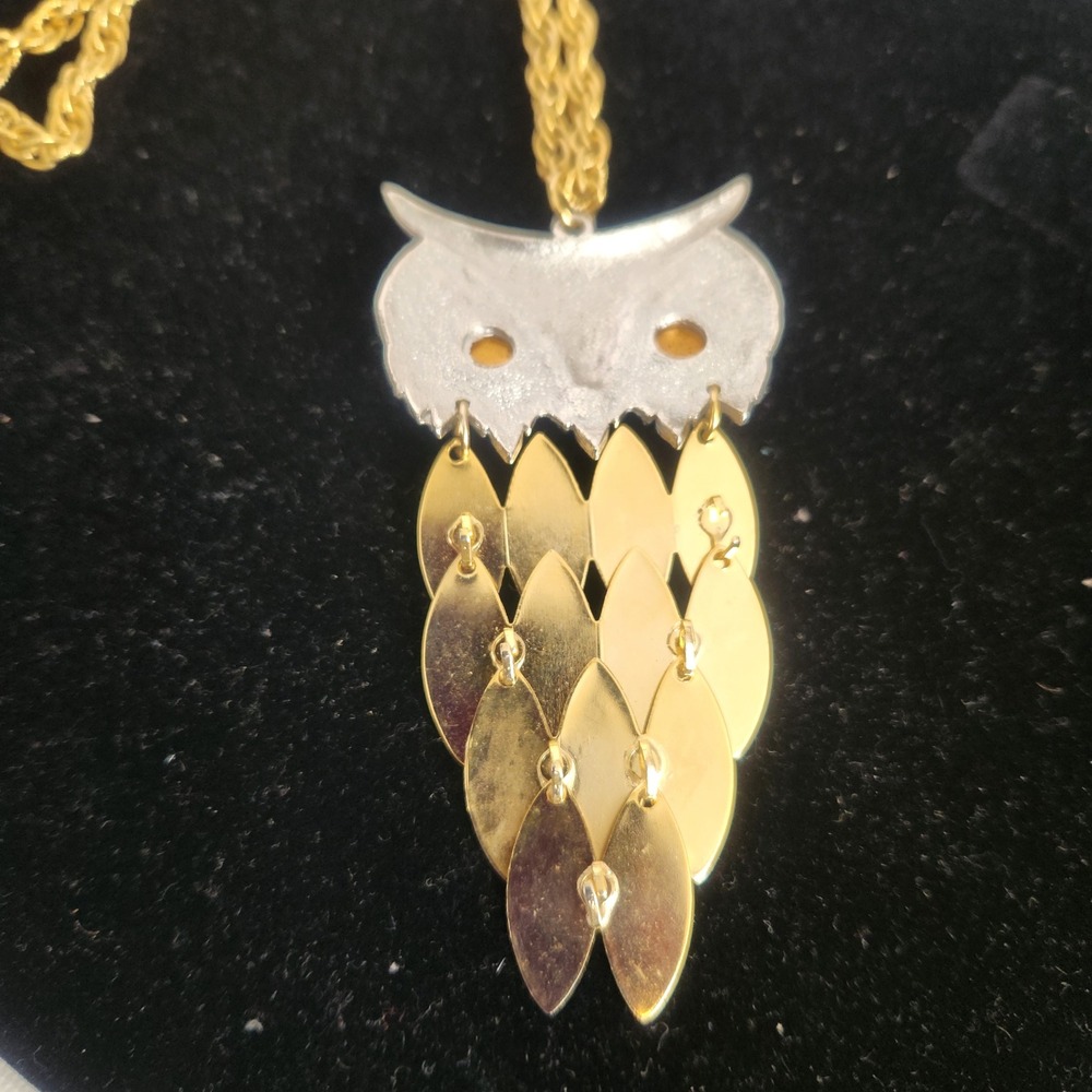 Vintage Articulated Owl Pendant Necklace Gold Silver Tone Amber Eyes Boho large - Picture 9 of 13